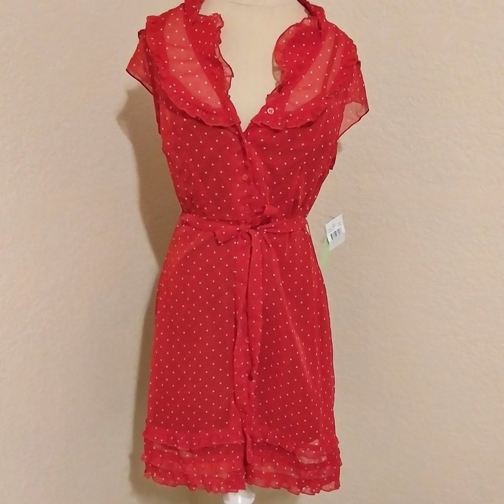 NWT Johnny Martin Red Polka dot chiffon ruffle button down vintage style dress